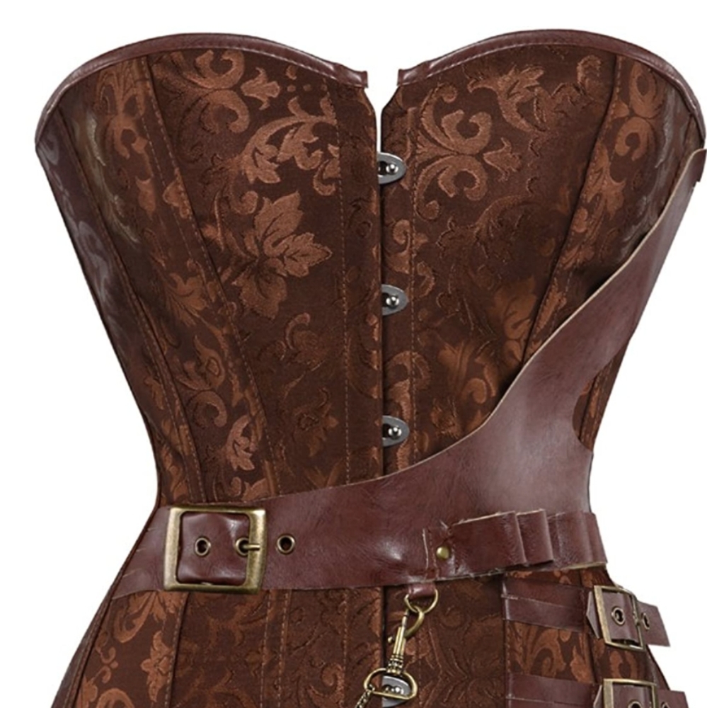 Grebrafan Brown Leather Steampunk Corset Bustier Plus Size